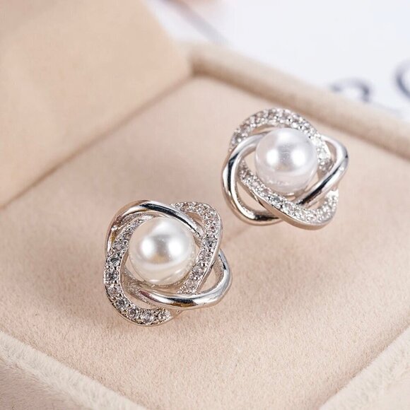 NWT S925 Silver Cubic Zirconia White Pearl Dainty Stud Earrings - Picture 5 of 10